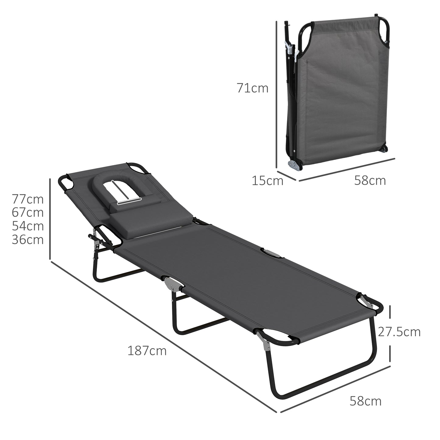 Outsunny Foldable Sun Lounger Set with Reading Hole - Dark Grey