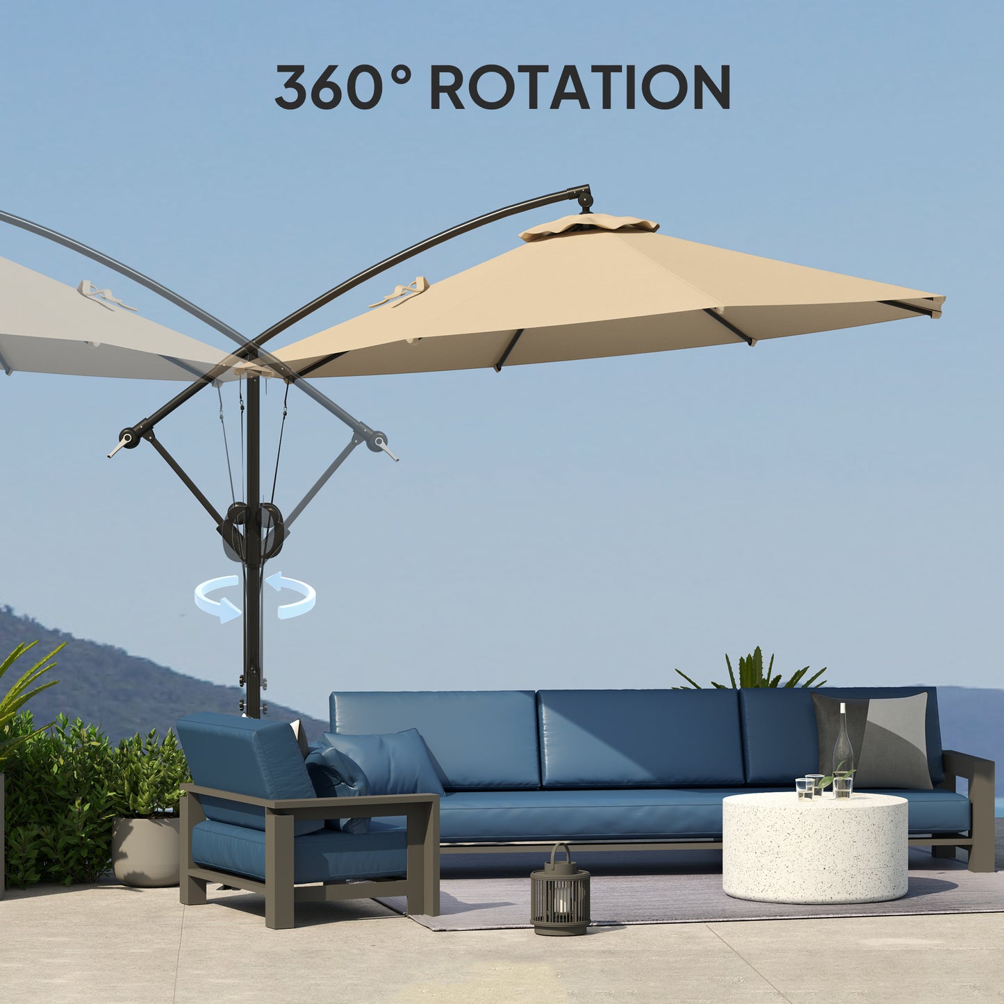 Outsunny Garden Cantilever Parasol with Cover & Strap, Round Umbrella with Crank & Tilt, UPF50+ Banana Patio Shade, Khaki