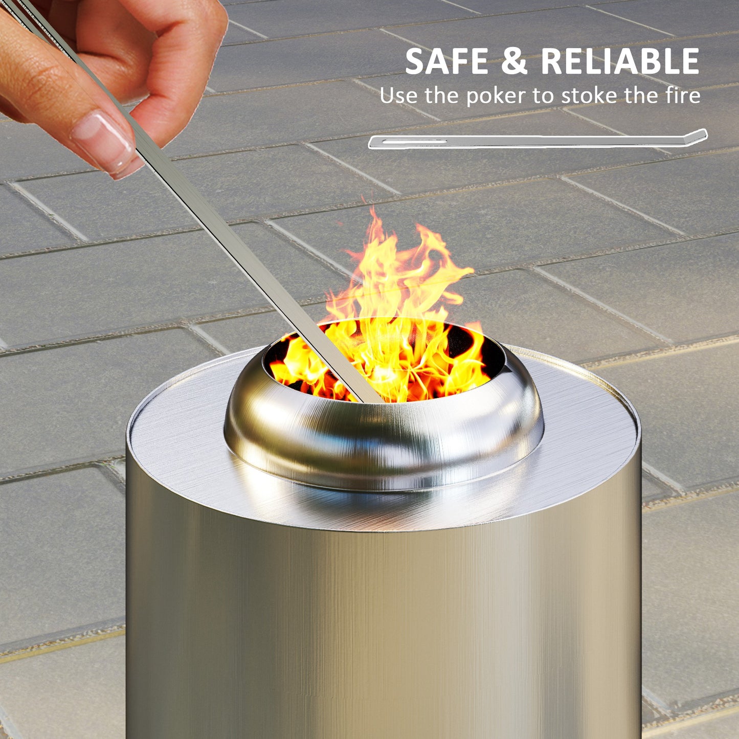 Outsunny Smokeless Fire Pit, 16x16cm Stainless Steel Portable Wood/Pellet Tabletop Firepit with Poker for Garden Camping, Silver Tone