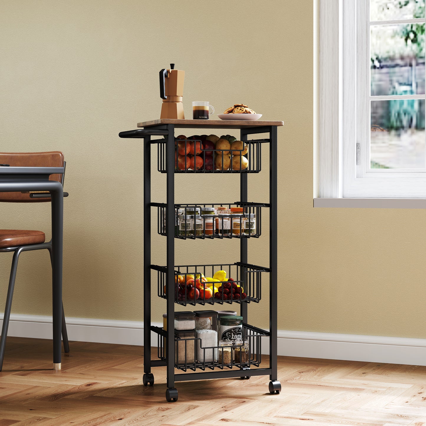 HOMCOM Four Basket Mobile Kitchen Island, with Brakes - Oak/Black