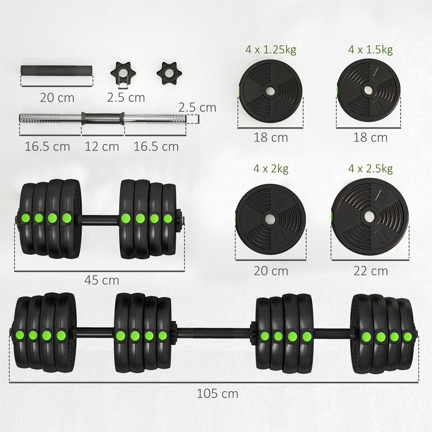 SPORTNOW Adjustable Weight Barbell & Dumbbells Set Free Weights Strength Muscle Exercise Home Gym Training, Black and Green