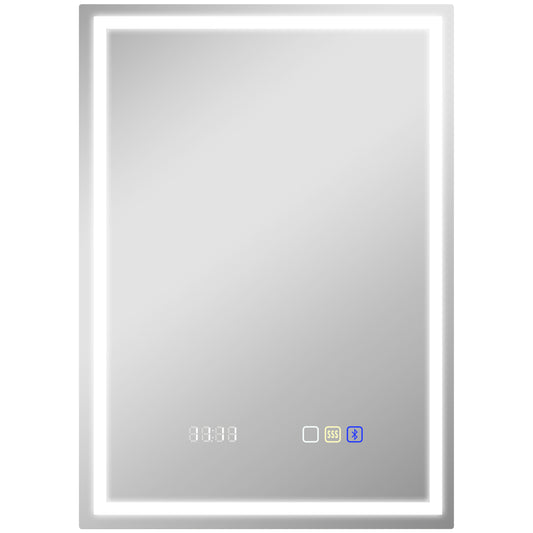 HOMCOM 50 x 70 cm Bluetooth LED Bathroom Mirror with Clock Demister Pad - Silver Tone