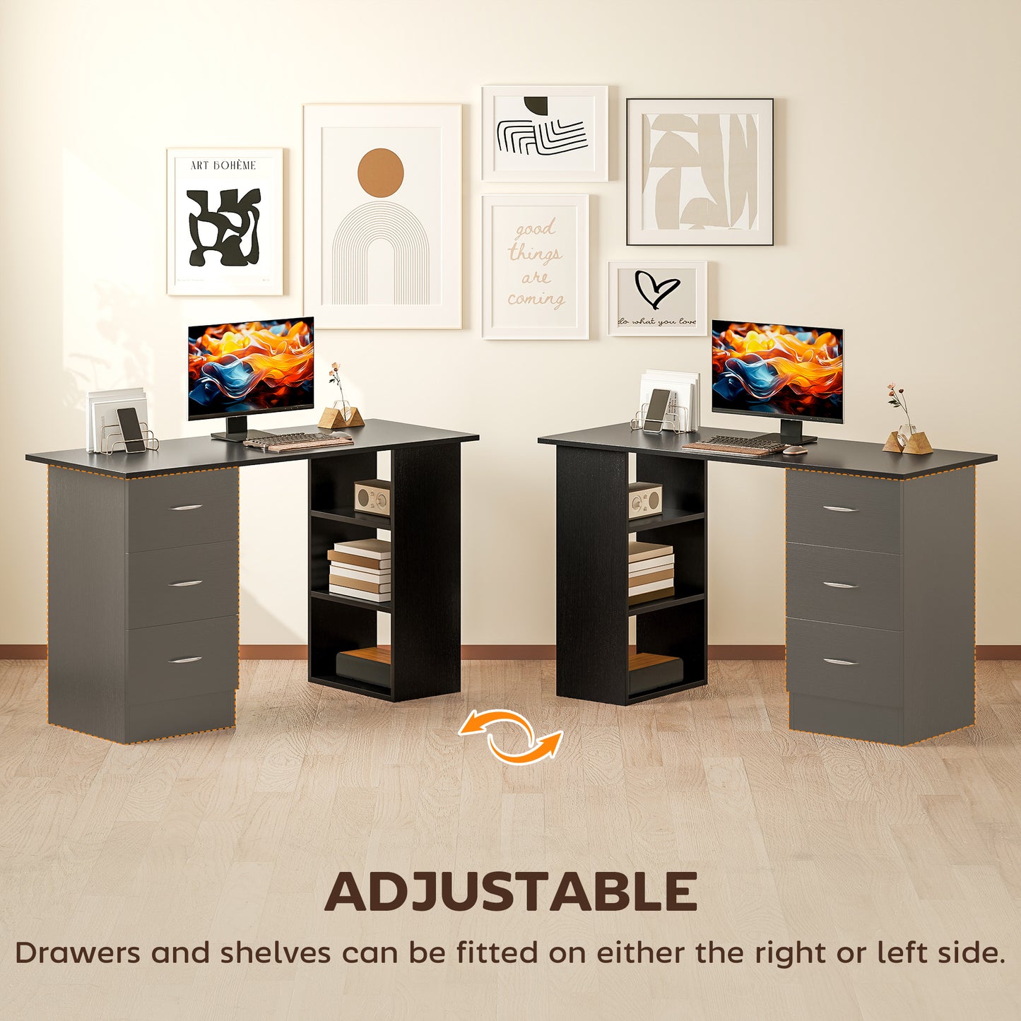 HOMCOM Computer Desk with Shelves & Drawers Black