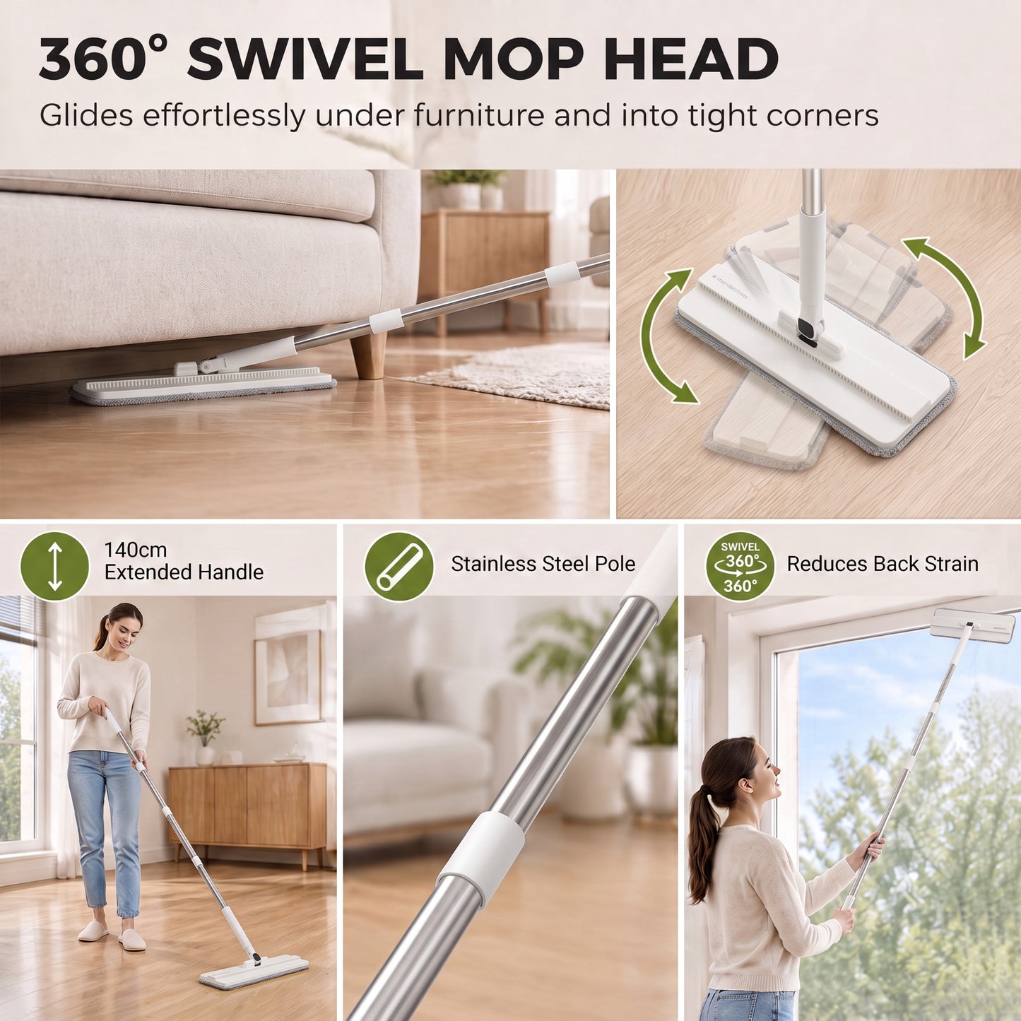 HOMCOM Mop and Bucket Set, Compact Flat Mop and Bucket with Wringer, 2-Chamber Design, 5 Reusable Microfiber Pads, White
