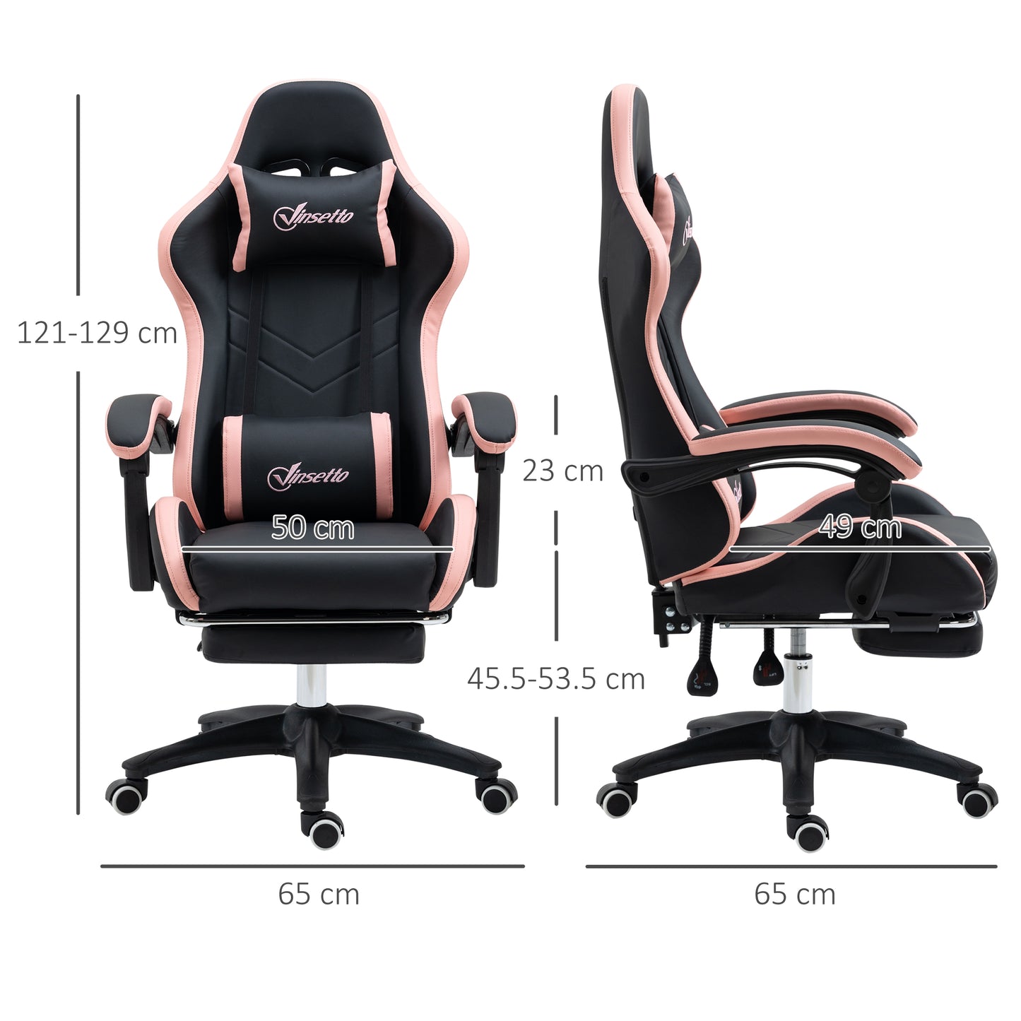 Vinsetto Computer Gaming Chair, PU Leather, Footrest, 135° Recline, Lumbar Support, Swivel Task Chair for Adults, Black and Pink
