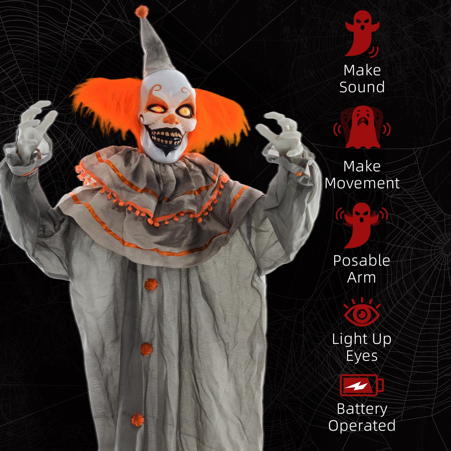 HOMCOM 183cm Orange Clown Halloween Animatronic, Sound & Lights