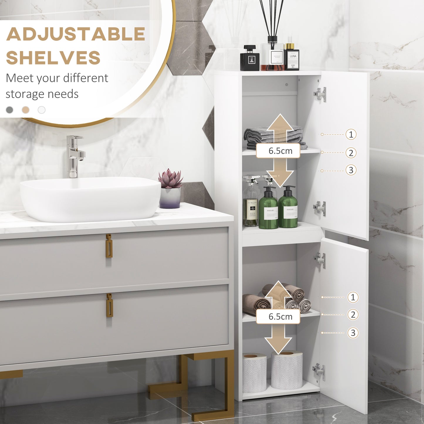 kleankin Bathroom Storage Unit, Tall Bathroom Cabinet with 2 Cupboards and Adjustable Shelves, White