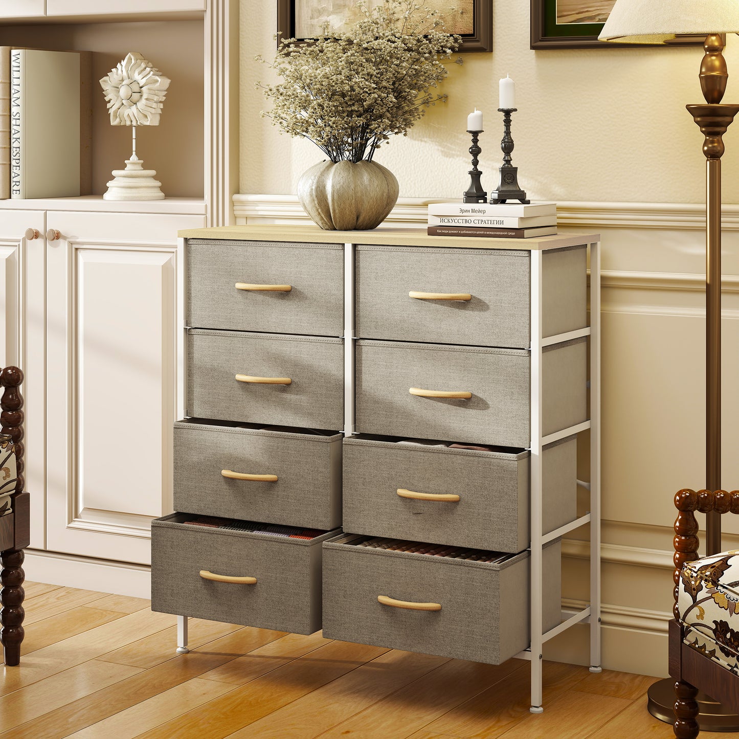 HOMCOM Industrial Chest of Drawers, 8 Fabric Drawers, Steel Frame, Wooden Top, for Nursery, Living Room, Hallway, Maple Wood-effect