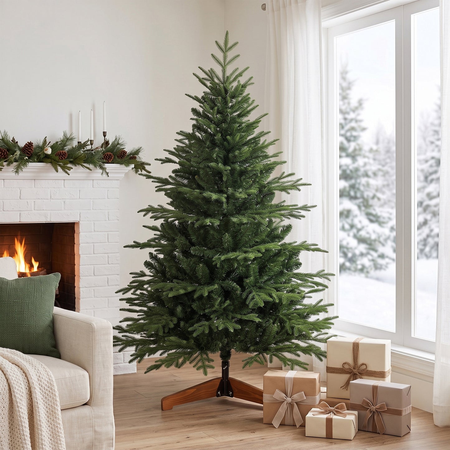 HOMCOM 150cm Artificial Christmas Tree Full Hinged Xmas Tree Solid Pine Wood Stand, Green