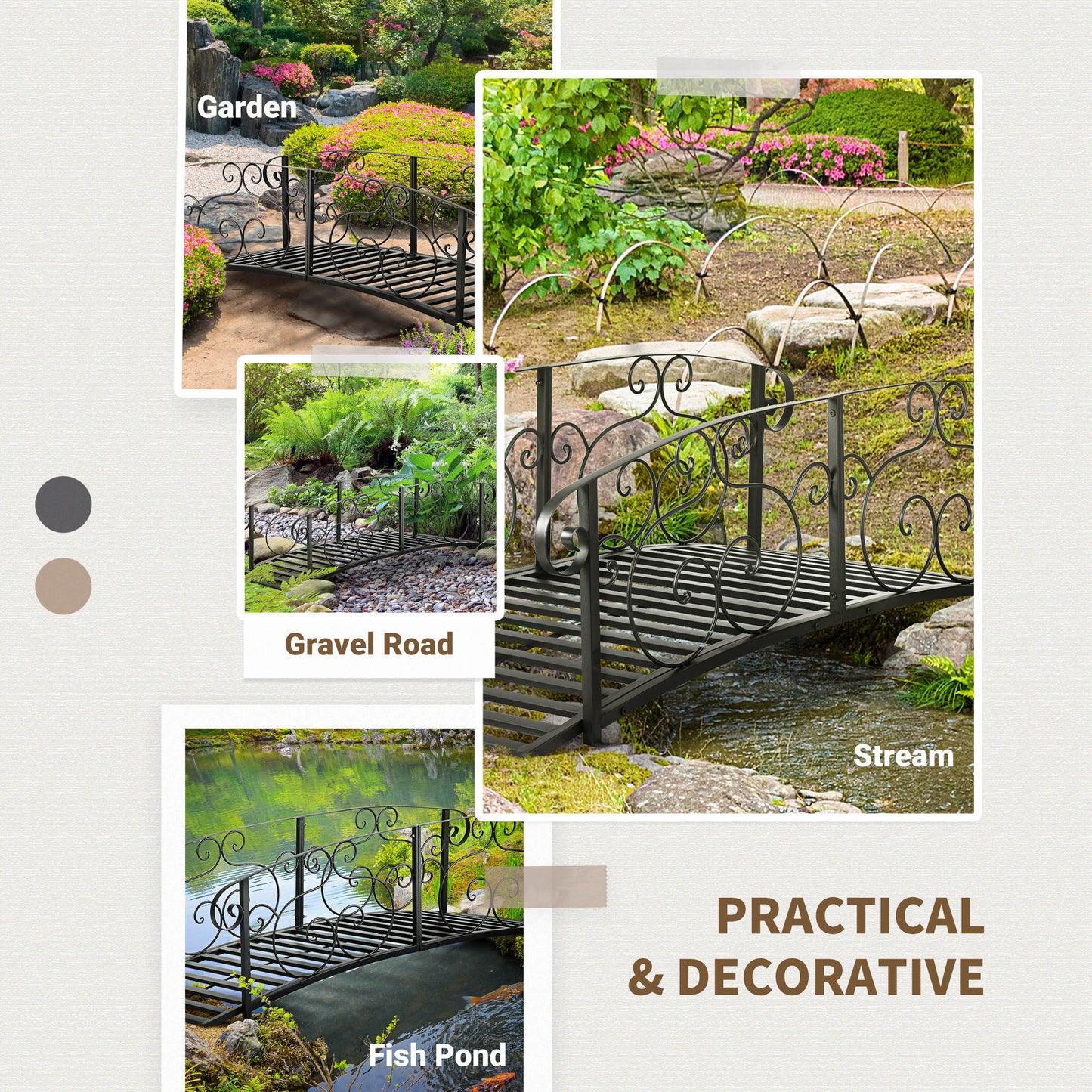 Outsunny 184cm Metal Arch Garden Garden Bridge, Safety Siderails, Arc Footbridge for Garden Creek, Stream, Pond, Black