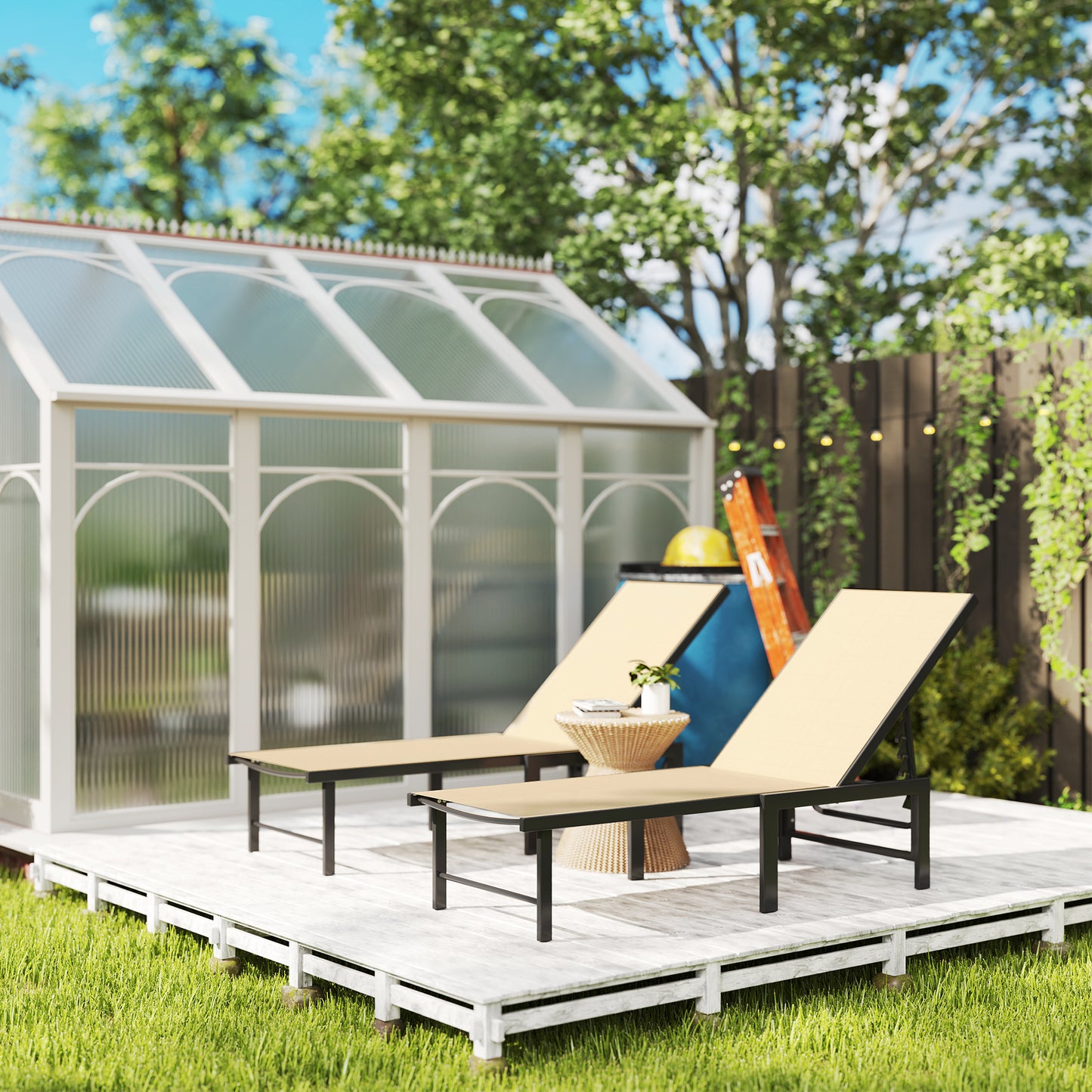 Outsunny 5-Level Adjustable Sun Lounger Chairs, Set of 2, Steel Frame Garden Sunbed with Texteline Seat for Patio, Beach, Khaki