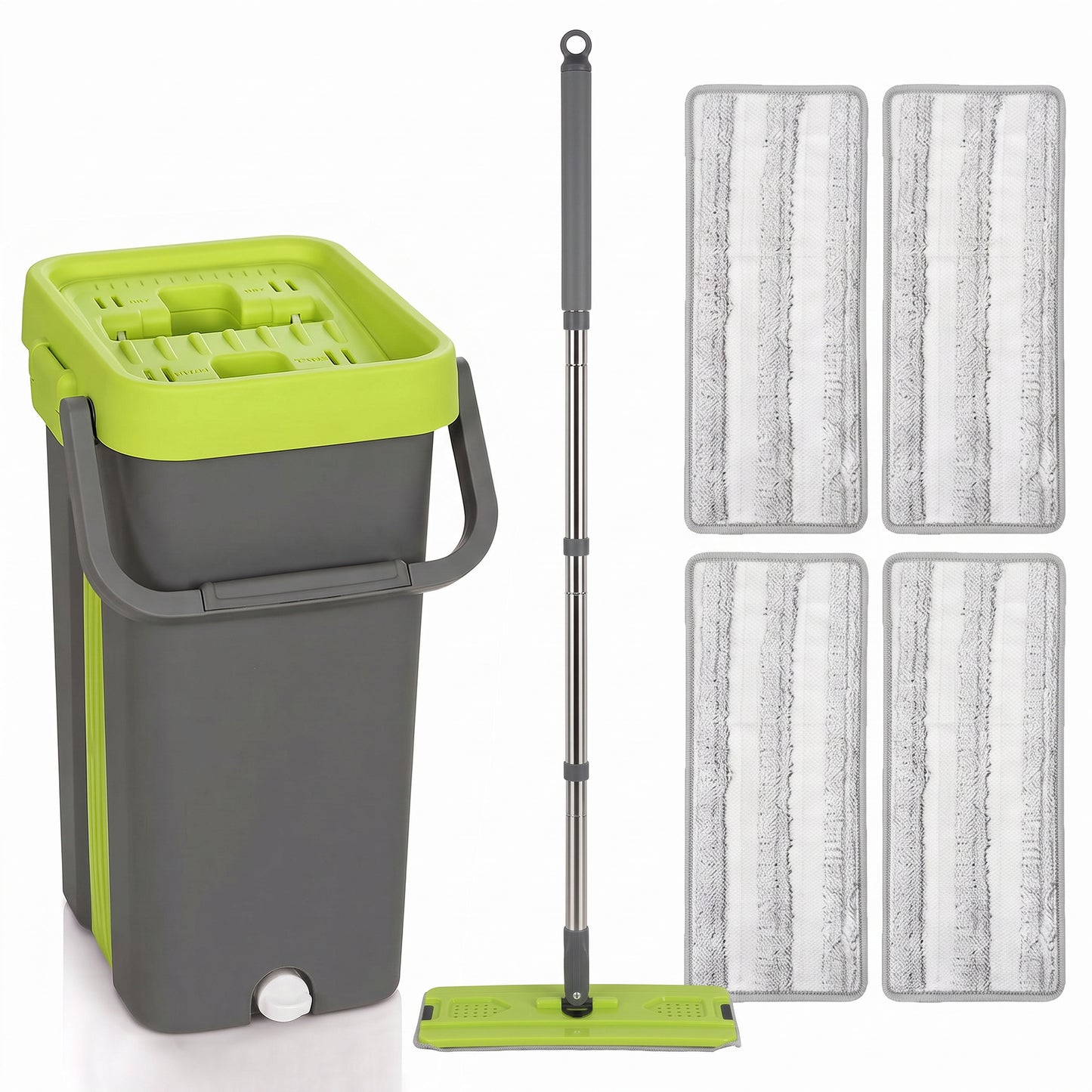 HOMCOM Mop and Bucket Set, Compact Flat Mop System with Wringer, 2 Chambers, 5 Reusable Pads, Dark Grey and Green