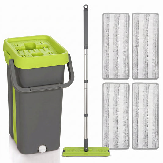 HOMCOM Mop and Bucket Set, Compact Flat Mop System with Wringer, 2 Chambers, 5 Reusable Pads, Dark Grey and Green