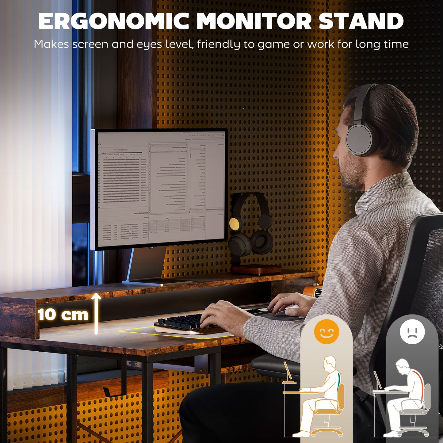 HOMCOM Reversible Computer Desk, LED Lights, Power Outlets, Monitor Stand, Keyboard Tray, Storage Shelves, 120x55 cm, Rustic Brown