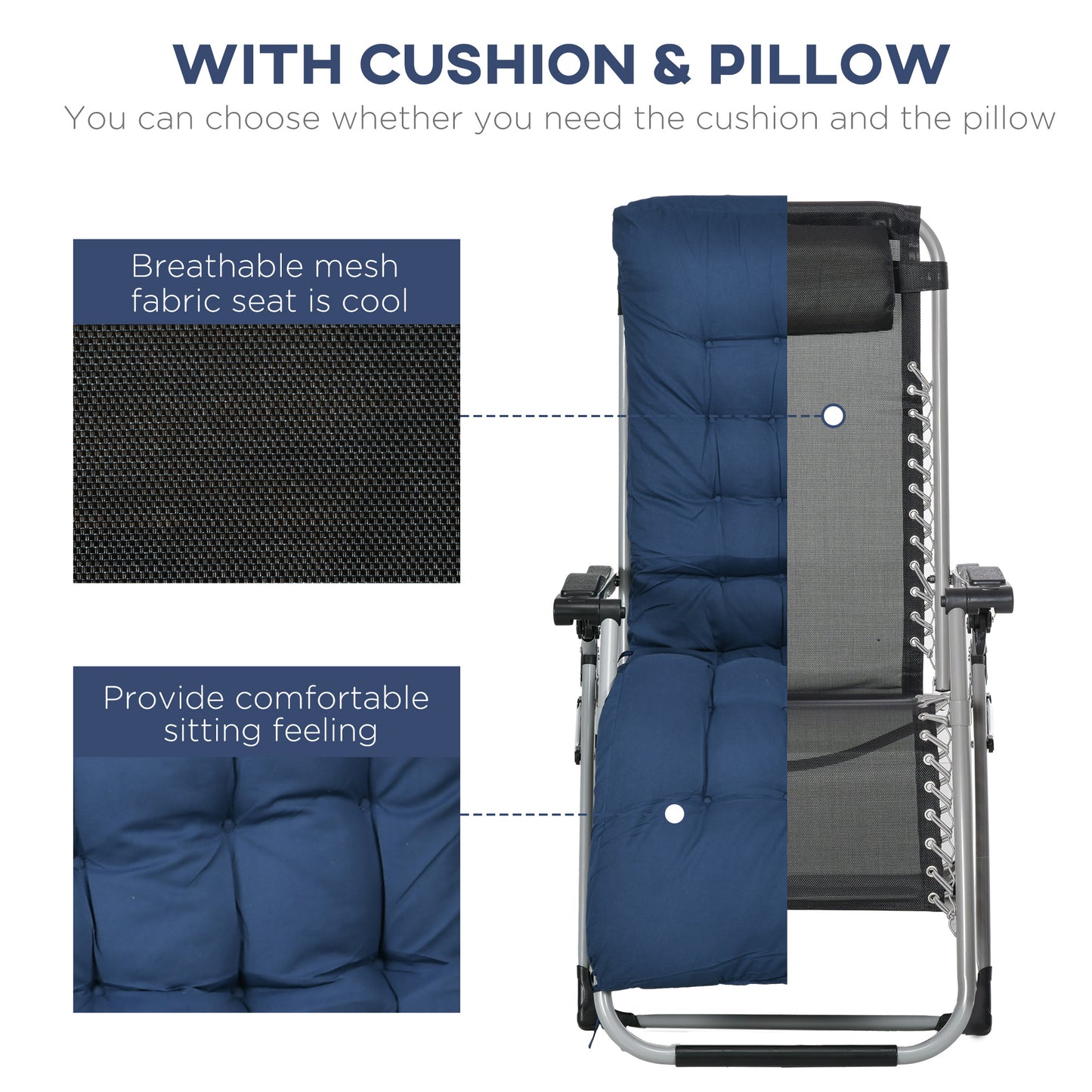 Outsunny 2 Piece Reclining Zero Gravity Sun Loungers with Cushions, Blue