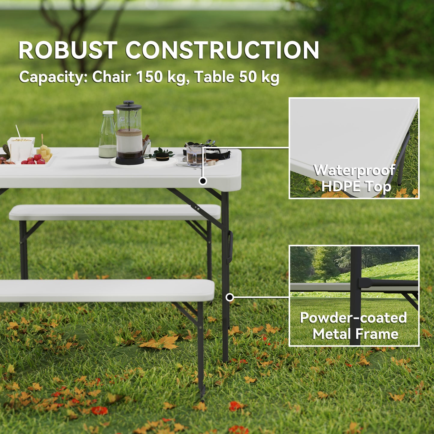 Outsunny 3 Piece Folding Picnic Table & Bench Set, Portable HDPE with Carry Handle for Indoor/Outdoor, Light Grey