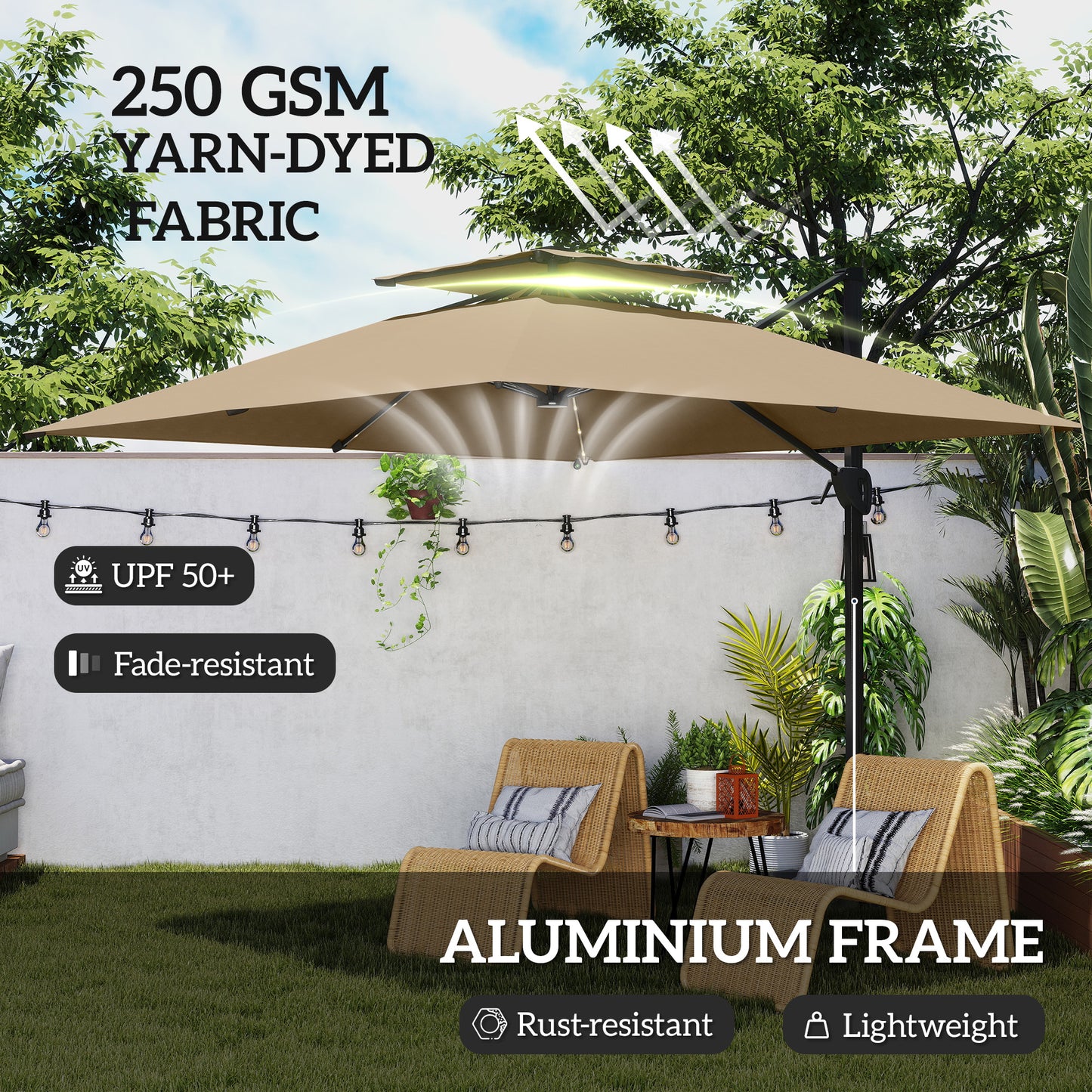 Outsunny Garden Cantilever Parasol, Solar LED, Centre Light, Aluminium, UPF50+ Sun Shade, Cross Base, Crank Tilt, 3.5x3m, Khaki