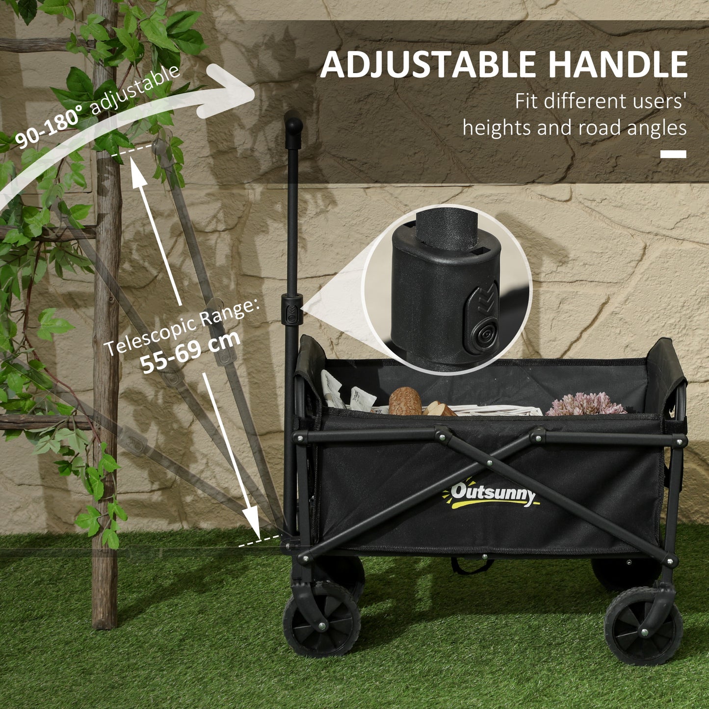 Outsunny 41L Festival Trolley, 60kg Heavy Duty Folding Wagon with Adjustable Handle and Carry Bag for Beach/Camping/Festival, Black