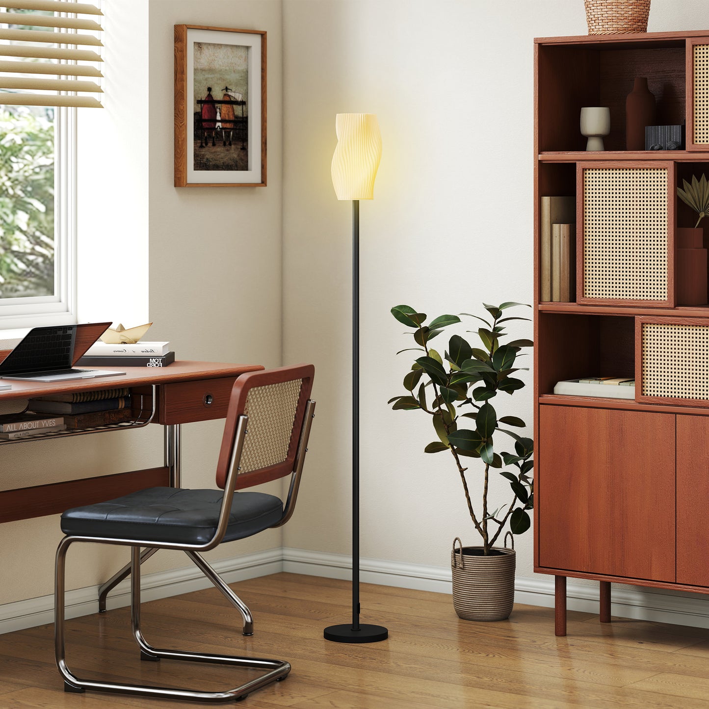 HOMCOM Floor Lamp, 3D Printed Modern Standing Lamp with Curved Shade & Foot Switch, E27 Holder (No Bulb, 25W Max), White