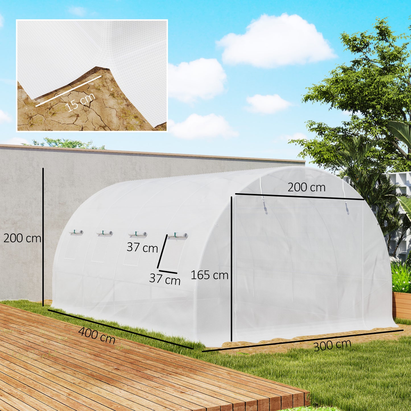 Outsunny Greenhouse Replacement Cover, 4x3x2m, for Tunnel Walk-in Greenhouse, Roll-up Windows/Door, Outdoor, PE Cover Only, White
