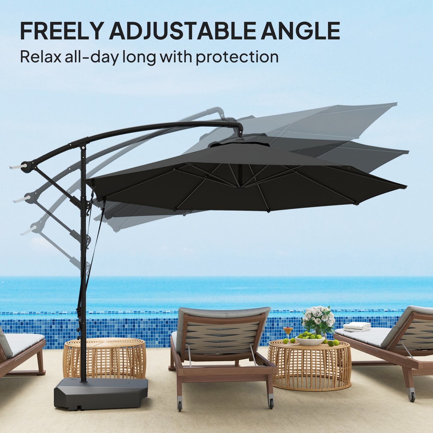Outsunny Garden Cantilever Parasol with Fillable Base, Wind Strap, Cover, Crank Handle, Tilt, UPF50+ Sun Shade, Grey