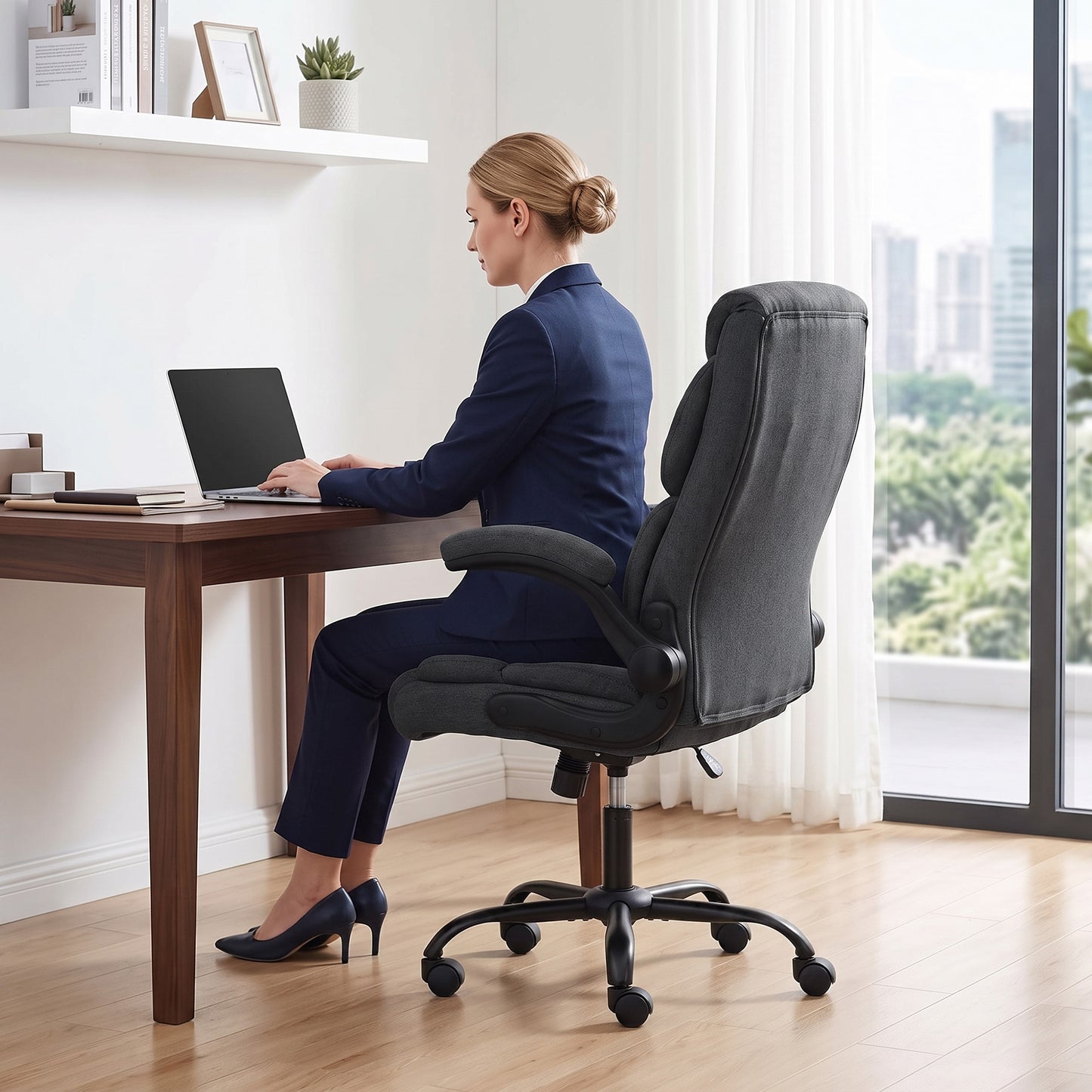 HOMCOM Office Chair, Executive Desk Chair with Flip-up Armrest, Thick Padding, 360 Degree Swivel, Dark Grey