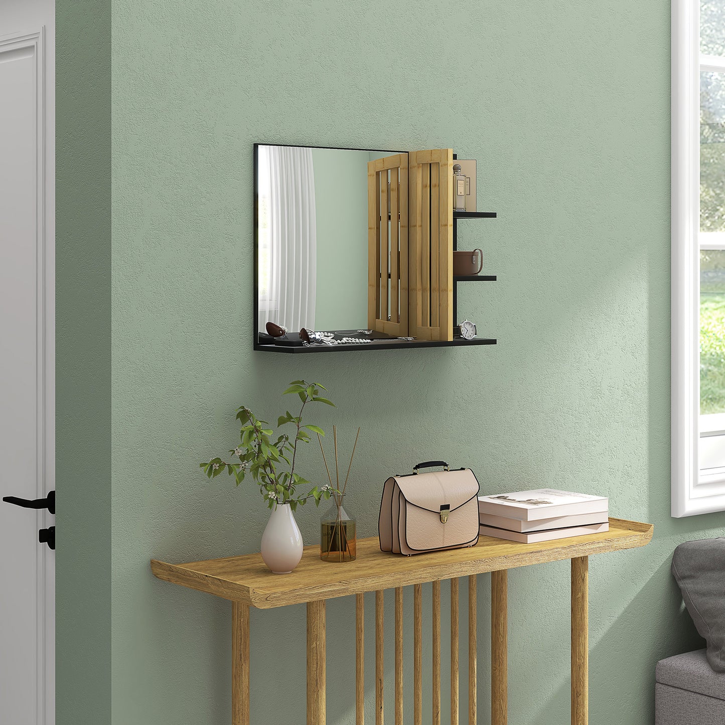 HOMCOM Bamboo Panel Bathroom Mirror, with Shelves