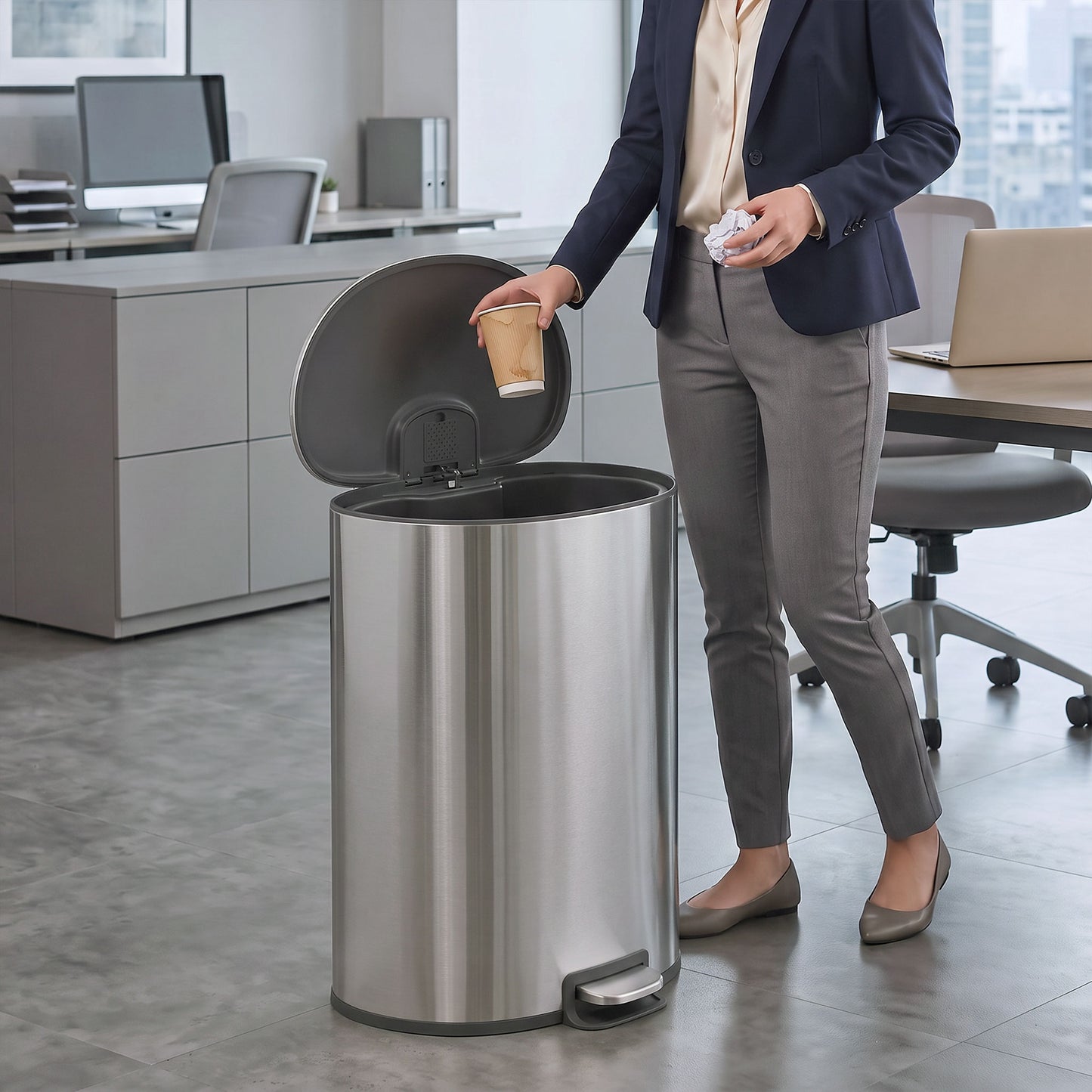 HOMCOM 50L Kitchen Pedal Bin, Rubbish Bin with Soft-Close and Stay-Open Lid, Removable Inner Bucket, Silver Tone