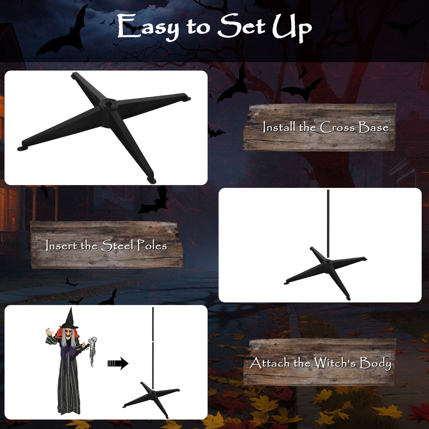 Outsunny Halloween Animated Witch with Skull Staff & Glowing LED Eyes, Battery Operated Indoor Party Prop, 160 cm, Spooky Decor, Black