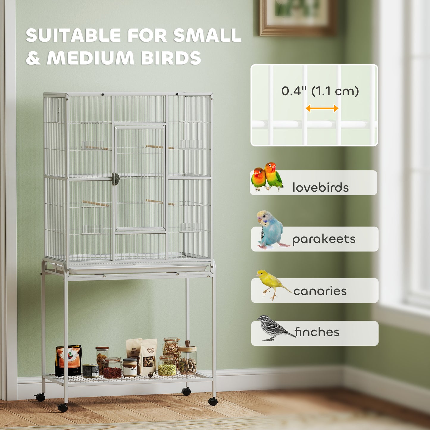 PawHut Large Bird Cage Budgie Cage with Stand, Storage Shelf, Wood Perch for Parrot, 81 x 48 x 162.5 cm, White
