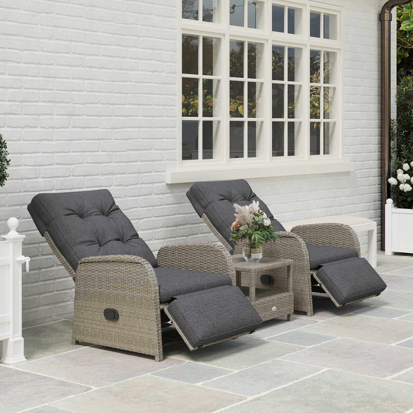 Outsunny 2 Seater Patio Rattan Wicker Chaise Lounge Sofa Set w/ Cushion for Patio Garden Porch, Grey
