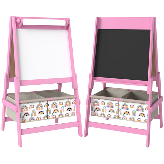 AIYAPLAY Art Easel for Kids, 3-in-1 Kids Easel with Chalkboard, Whiteboard, Paper Roll, Storage, Under-Board Shelf for 3-8, Pink