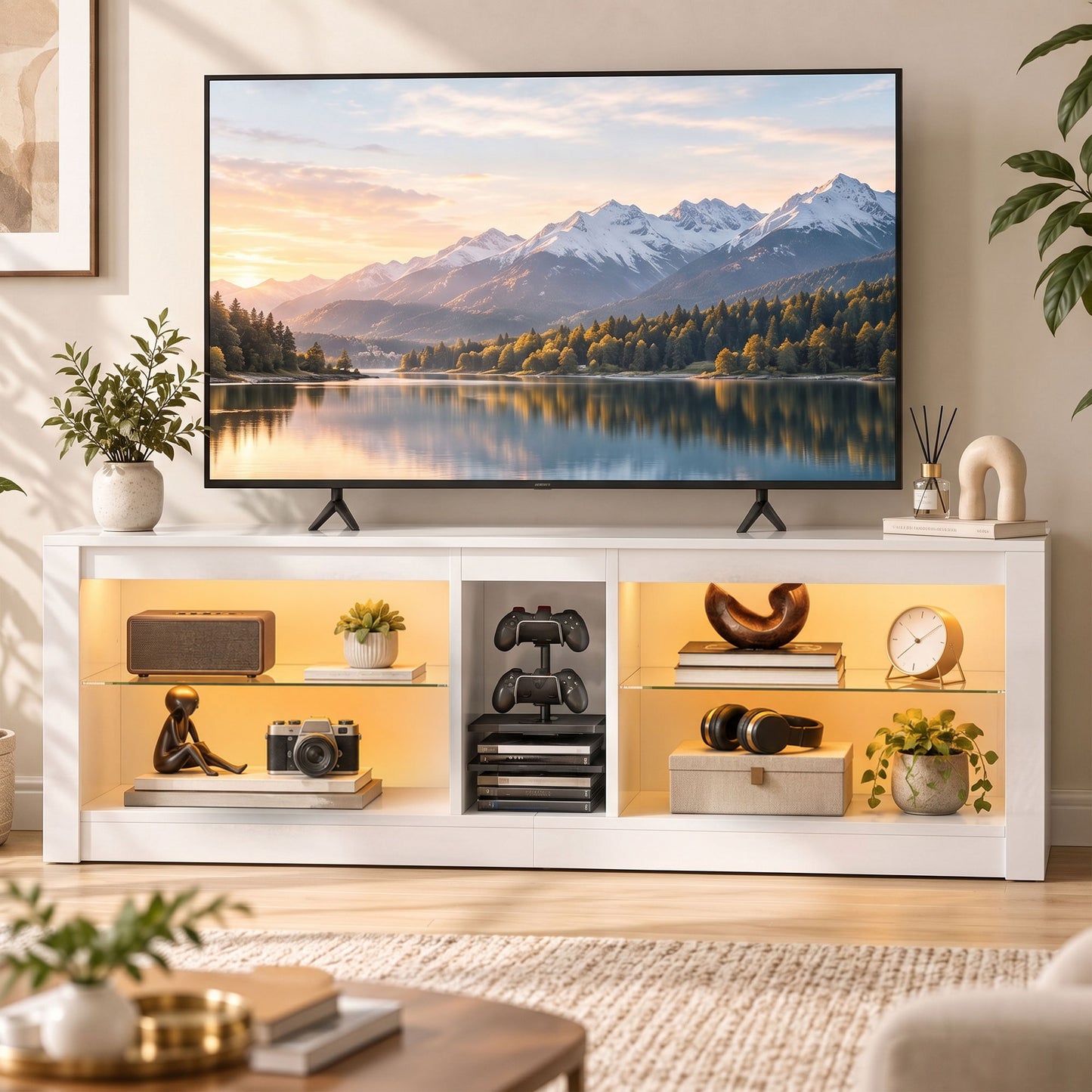 HOMCOM TV Stand Cabinet with LED Lights and Remote Control for TVs up to 65", Entertainment Centre with Storage Shelves, White