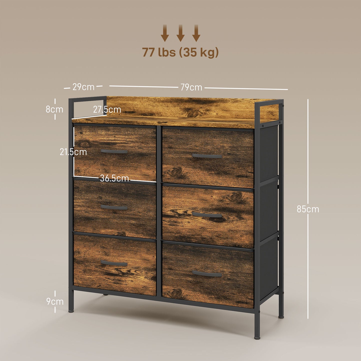 HOMCOM Rustic Chest of Six Fabric Drawers - Brown Wood Effect