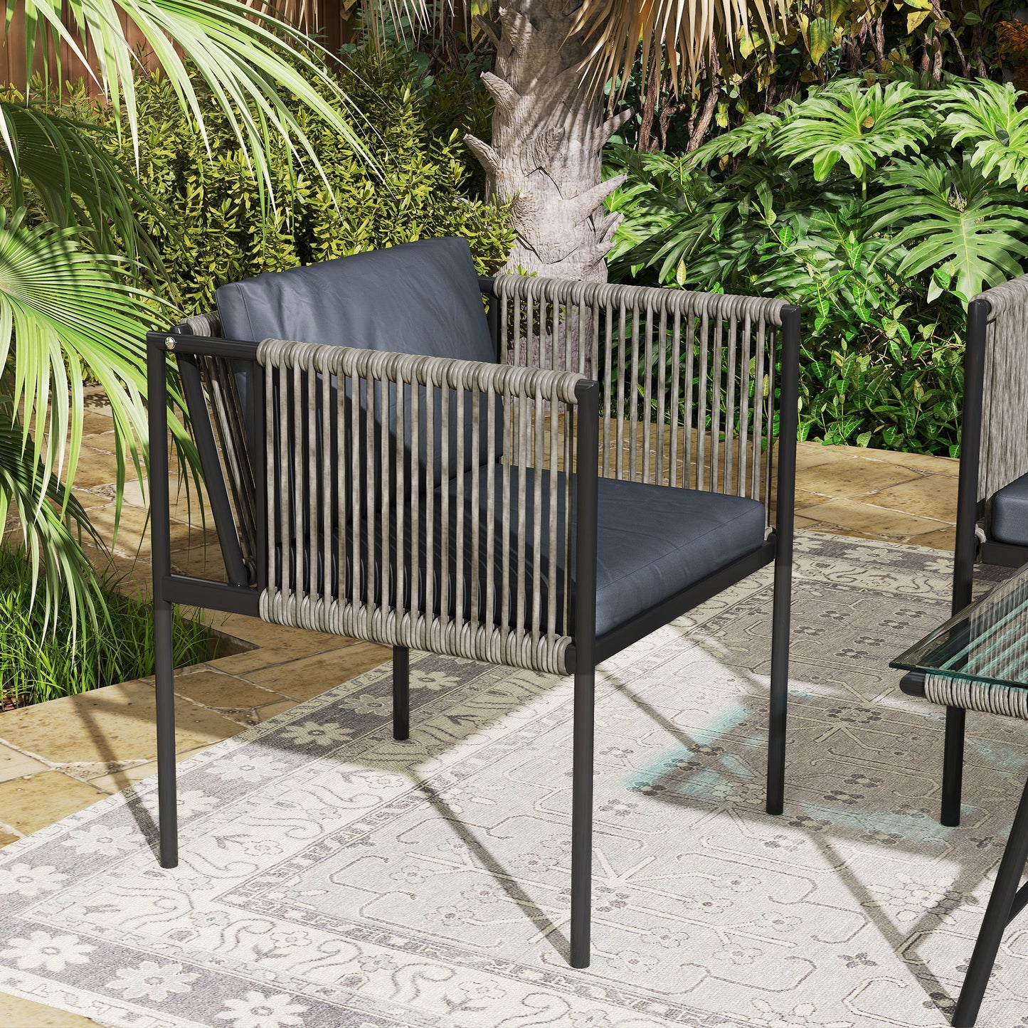 Outsunny 4 Piece Rattan Garden Furniture Set, 4 Seater Wicker Outdoor Set with 2 Armchairs, Loveseat, Coffee Table & Cushions, Grey