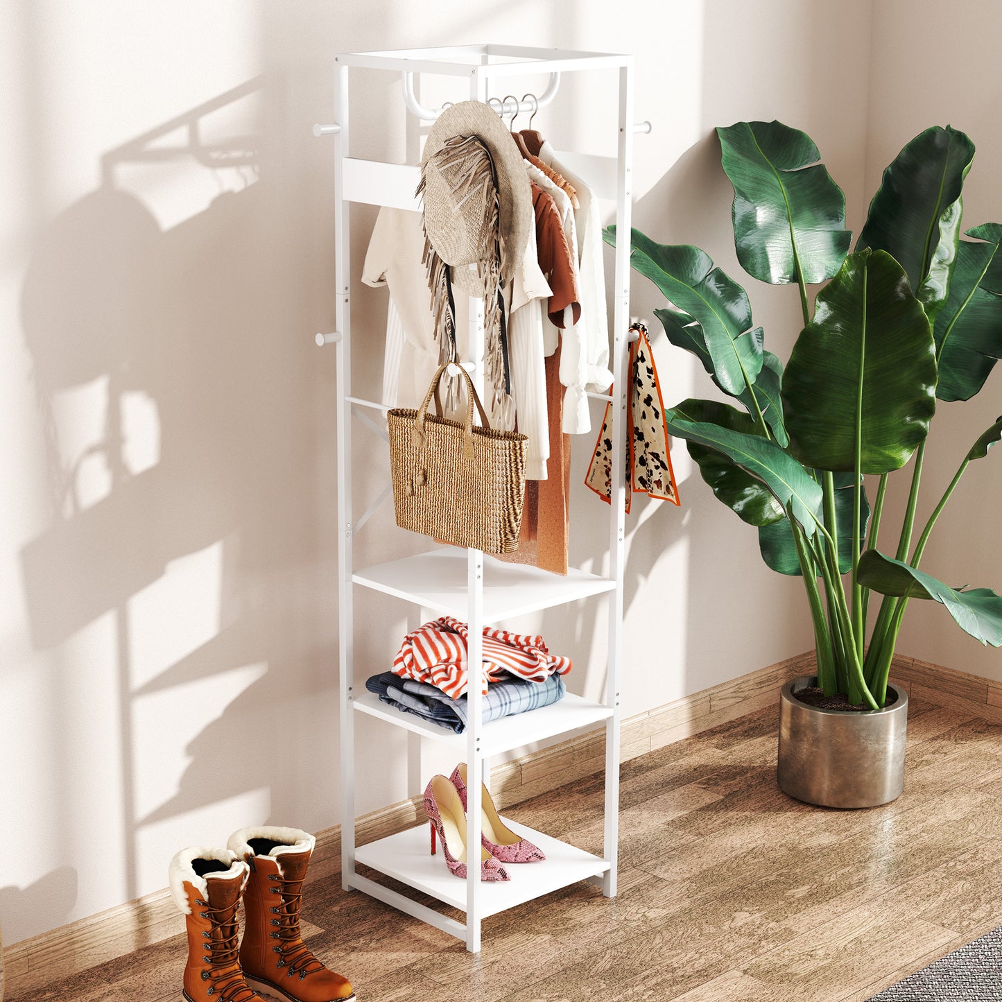 HOMCOM Clothes Rail with Storage Shelf and Hooks, Freestanding Clothes Rack for Entryway, Living Room, Bedroom, White Wood Grain