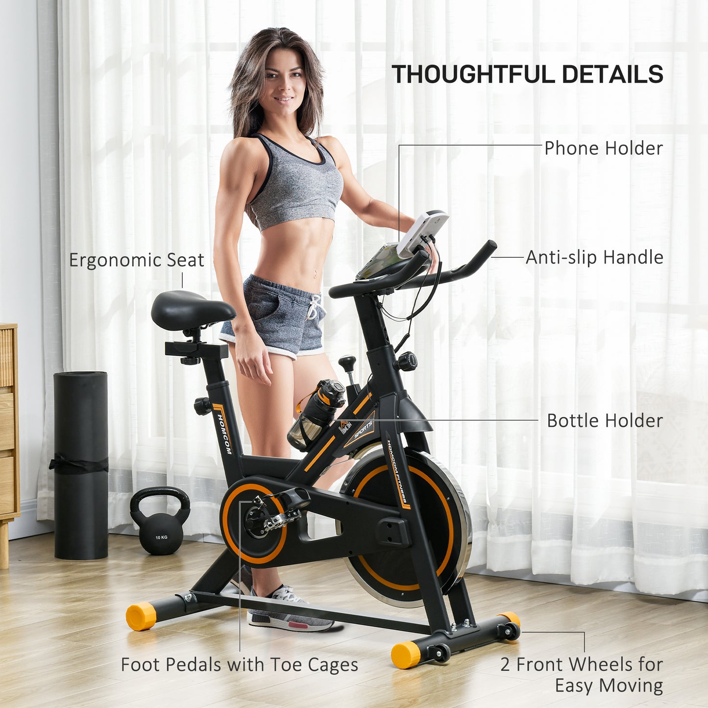 HOMCOM Exercise Bike, Indoor Cycling Bike for Home Use, Stationary Bike with LCD Display and Heart Rate Sensor, Static Fitness Bike for Home, Gym, Office, Cardio Workout, Orange