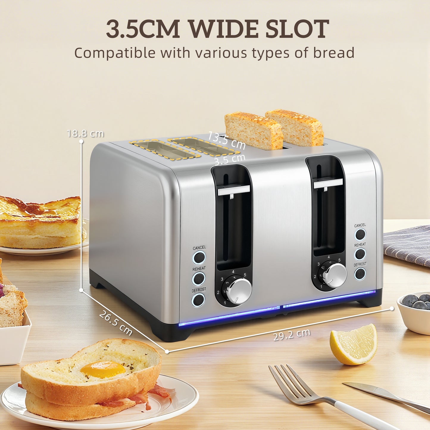 HOMCOM Kettle & Toaster Set, 1.7L 3000W Rapid Boil, Strix Thermostat, Limescale Filter, 4 Slice Toaster, 7 Browning Levels, Crumb Tray, Silver Tone