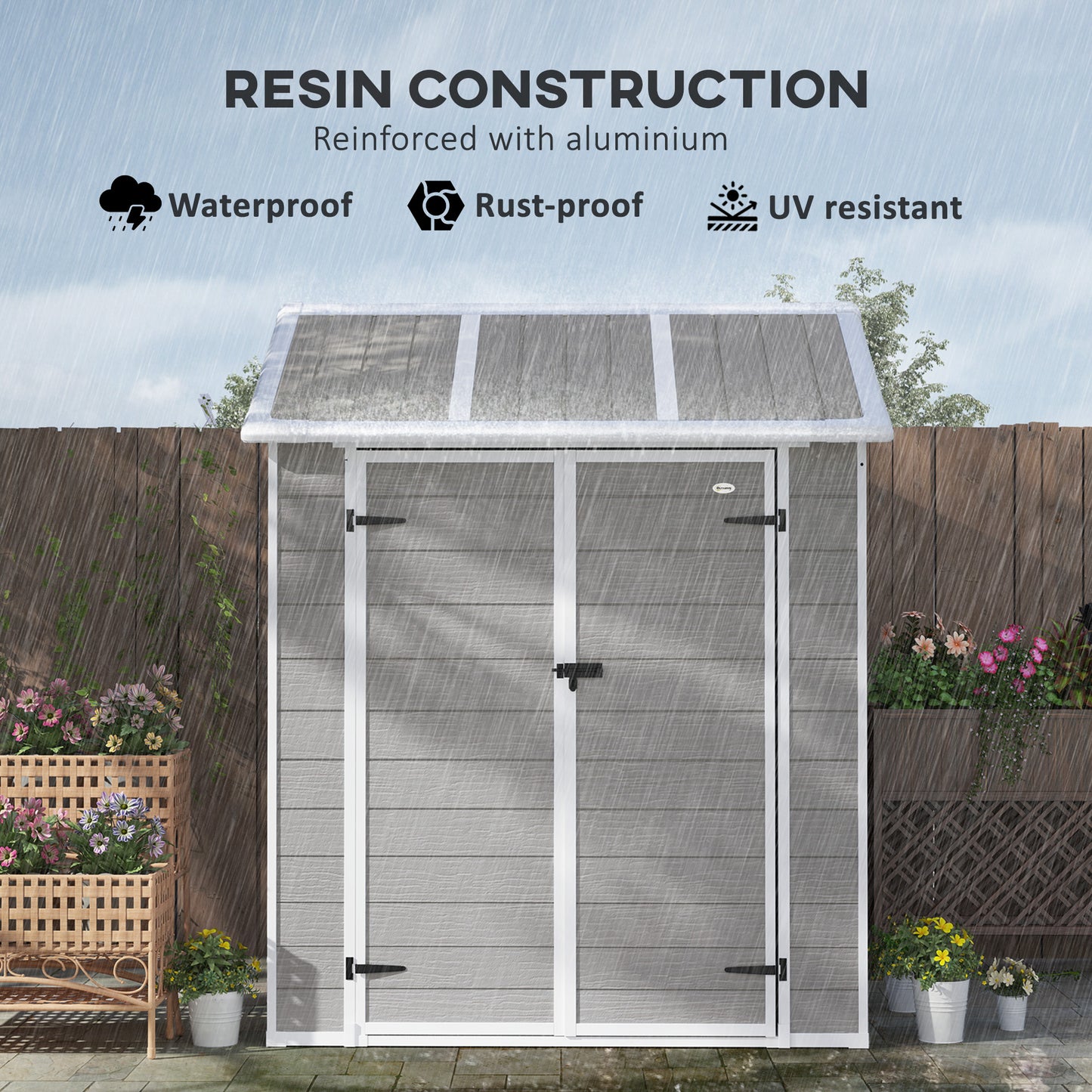 Outsunny 6 x 6ft Garden Shed, Plastic Shed with Floor, Window, Lockable Doors and Vents, Wood Effect Resin Tool Shed for Outdoor Patio, Grey
