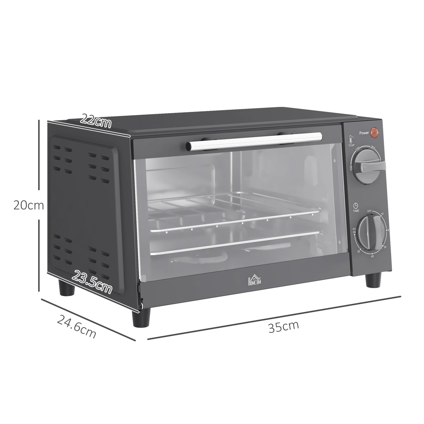 HOMCOM Mini Oven, 9L Countertop Electric Grill, Toaster Oven with Adjustable Temperature, Timer, Baking Tray and Wire Rack, 750W, Grey