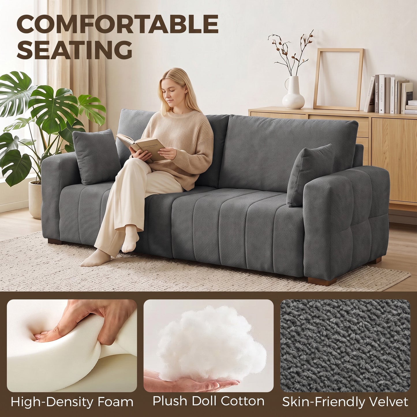 HOMCOM 3 Seater Sofa, Upholstered Velvet Couch for Bedroom with Pillows, Padded Cushion and Wood Legs, Grey