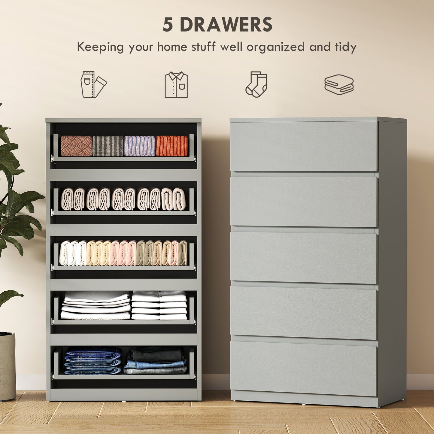 HOMCOM Chest of Drawers, 5-Drawer Storage Cabinets, Modern Dresser, Storage Drawer for Bedroom