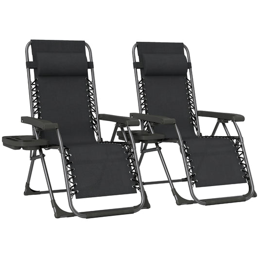 Outsunny Zero Gravity Chairs Set of 2, Folding Sunloungers Reclining Garden Chairs with Cup Holder, Headrest, Black