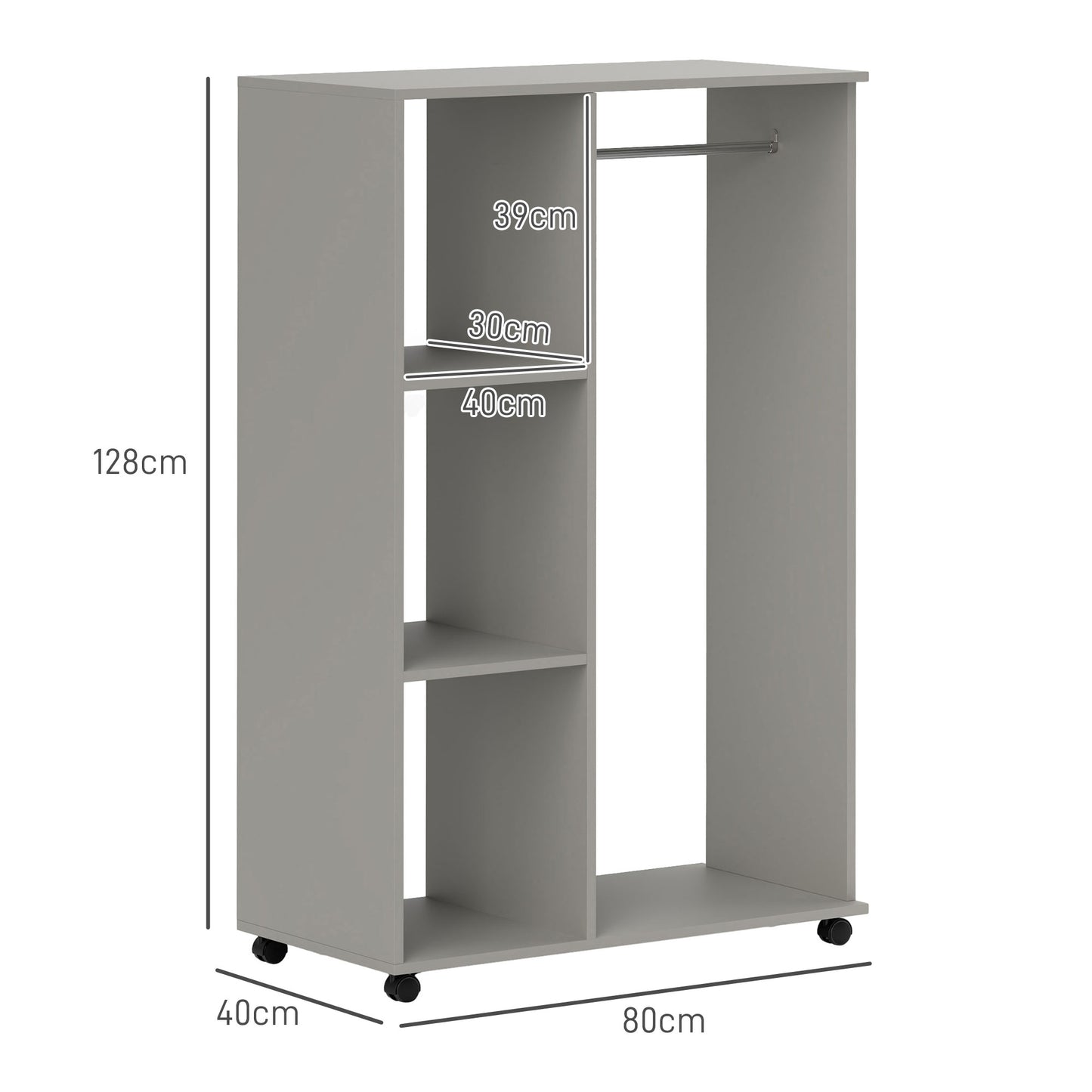 HOMCOM Open Wardrobe on Wheels with Clothes Rail, Bedroom Clothes Storage with Hanging Rod