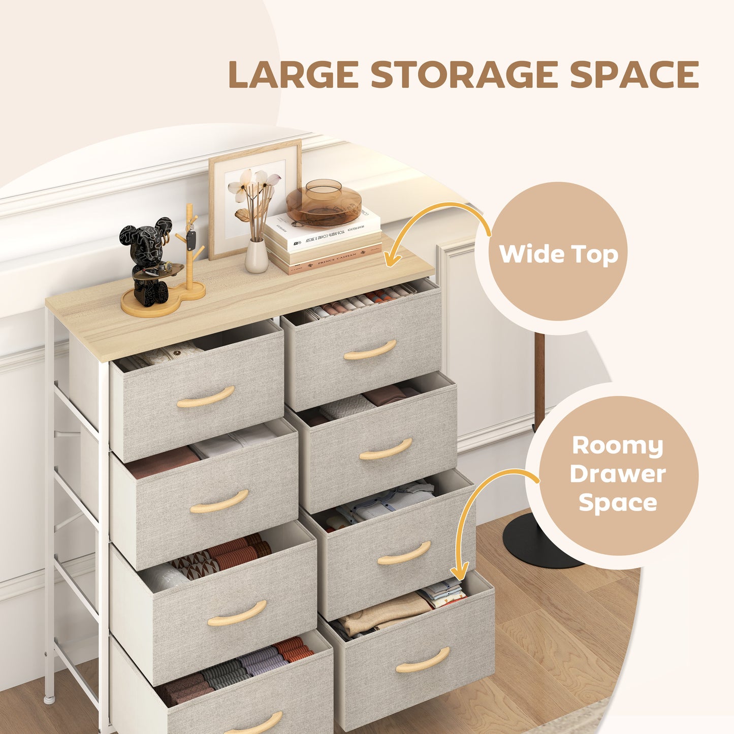 HOMCOM Industrial Chest of Drawers, 8 Fabric Drawers, Steel Frame, Wooden Top, for Nursery, Living Room, Hallway, Maple Wood-effect