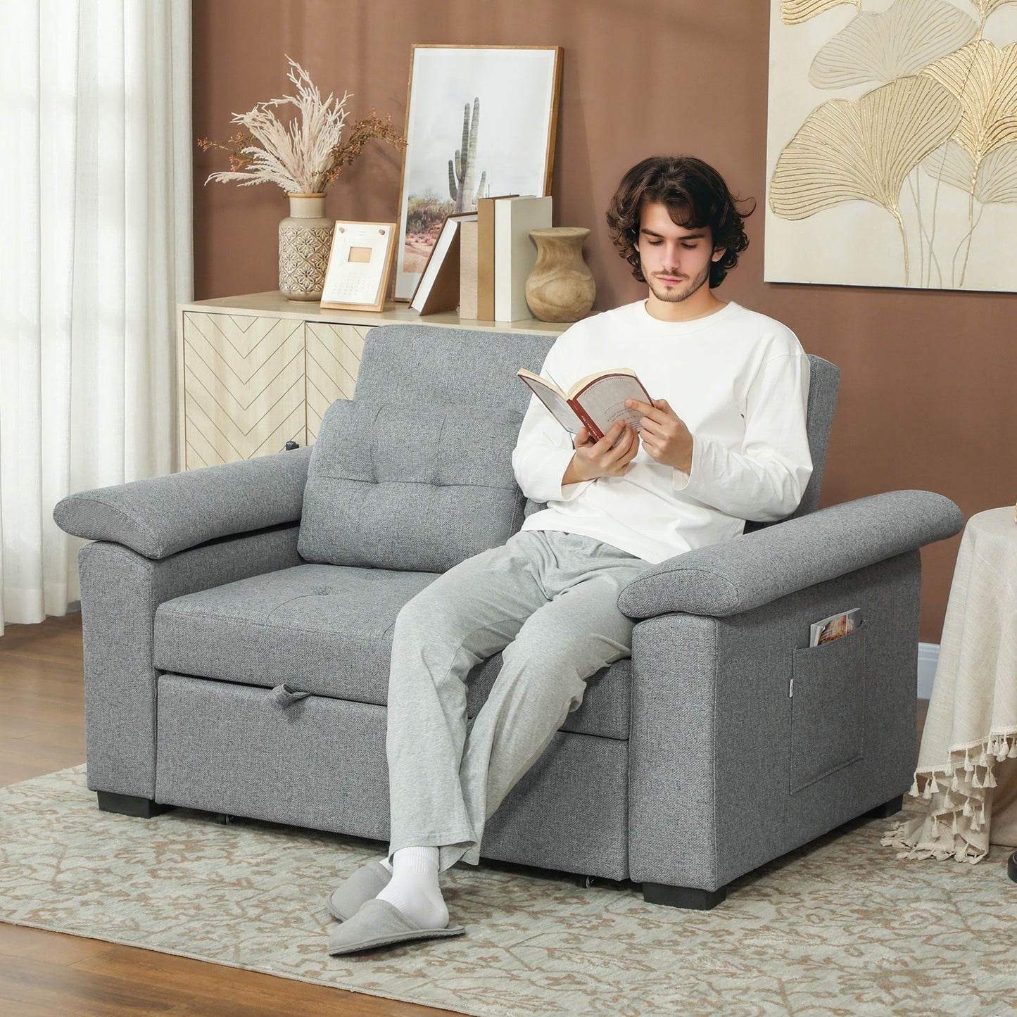 HOMCOM Pull Out Sofa Bed, 2 Seater Click Clack Sofa, Convertible Couch with Pillows & Side Pockets for Living Room, Light Grey