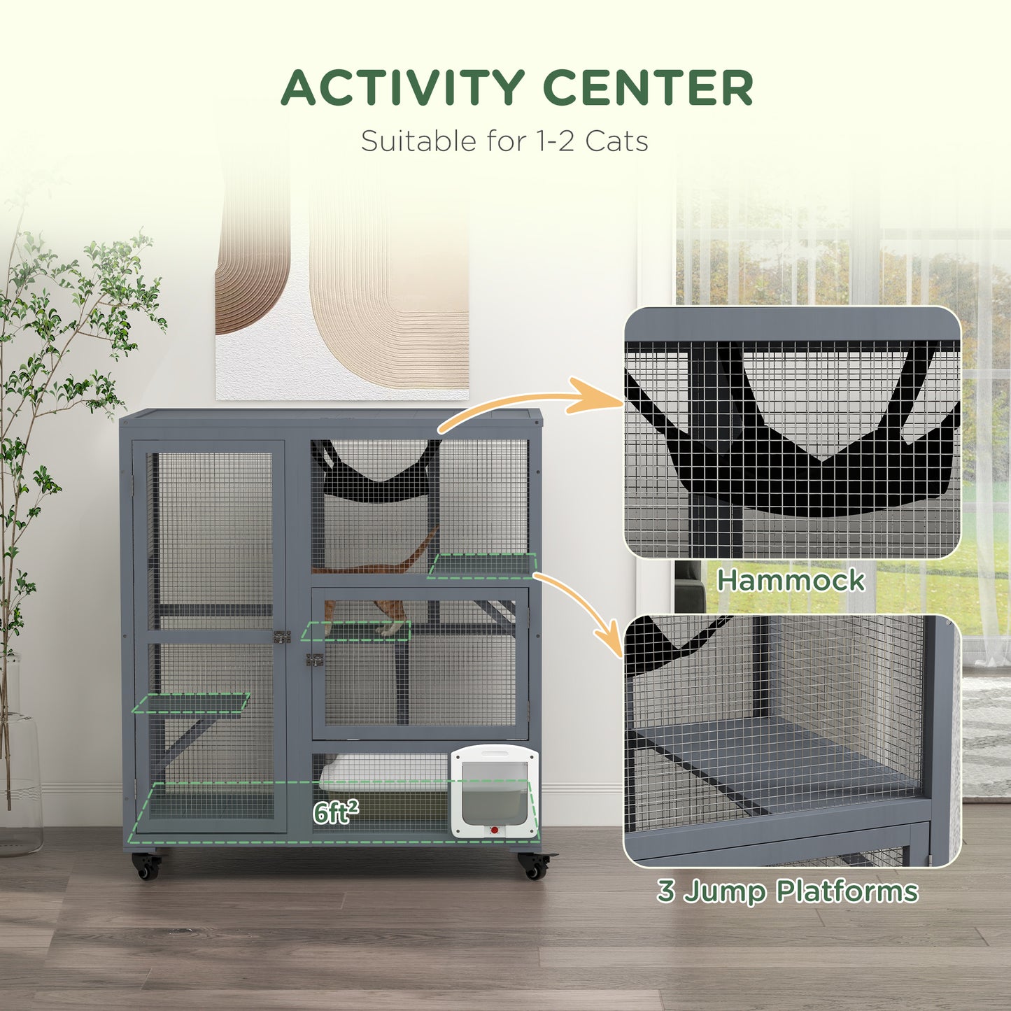 PawHut Cat Cage House, Catio Cat Outdoor Enclosure on Wheels - Light Grey