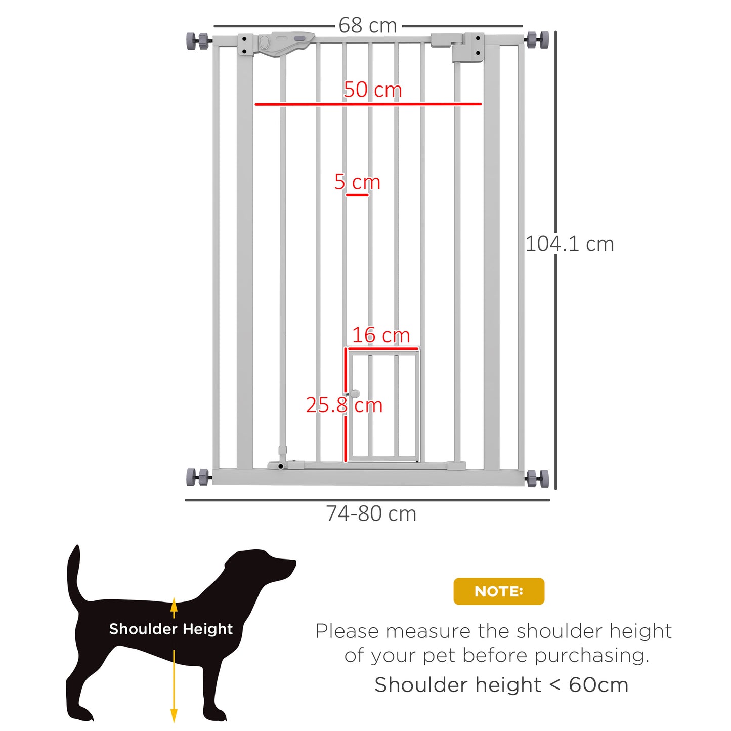 PawHut Extra Tall Pet Gate Indoor Dog Safety Gate with Cat Flap Auto Close 74-80cm Wide - White