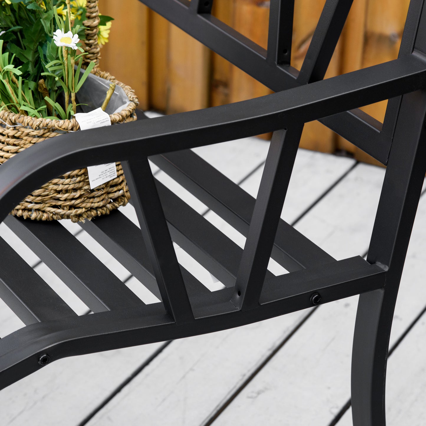 Outsunny 2-Seater Metal Garden Bench, Loveseat with Cushions, Slatted Backrest & Armrests, Cream White/Black