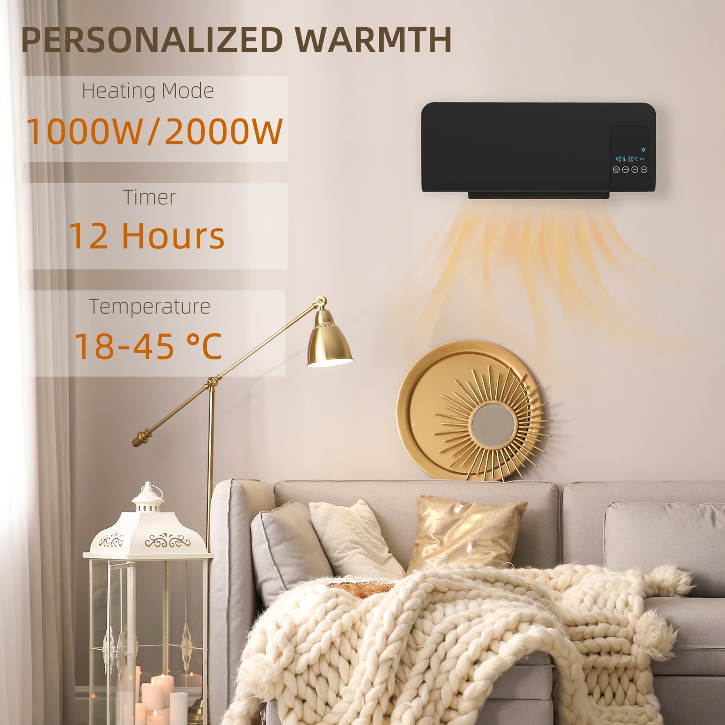 HOMCOM Electric Heater, 2000W Wall Mounted Space Heater with Remote Control, Black